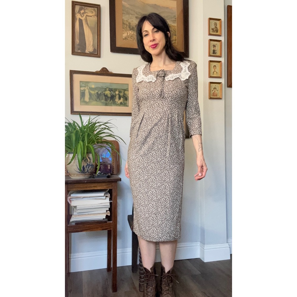 Vintage 80s 90s Floral Midi Dress Brown Lace Collar Atina Karon Crosby grunge